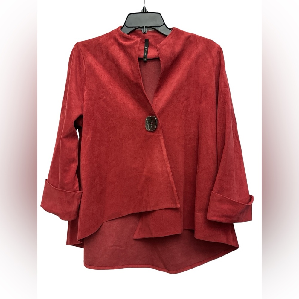 IC by Connie K Suede Jacket Cardigan Size L Asymmetrical Hem Red Faux Suede